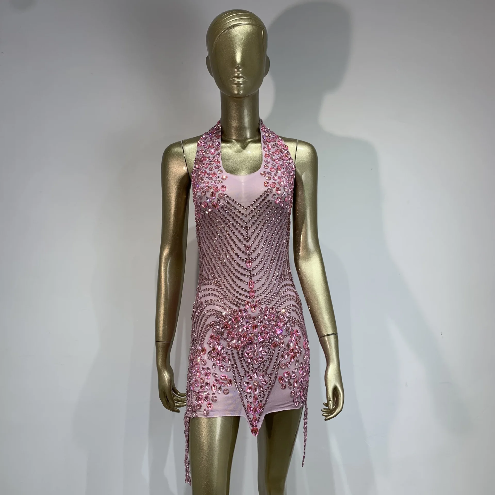 

STOCK Singer Stage Costume Rhinestone Sexy Halter Neck Party Dress Performance Outfit Evening Gown Chic And Sweet Evening Dress