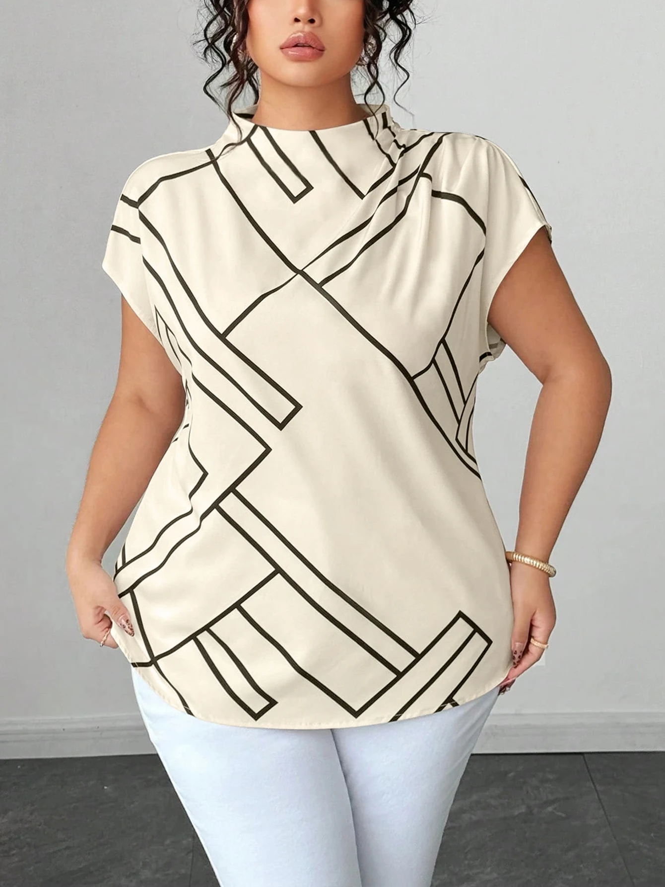 Plus Size Blouse Women Mock Neck Geometric Graphic Print Loose Fit Elegant Satin Feel Top For Business Work Daily Occasion