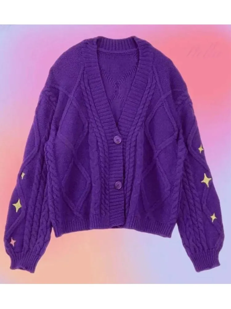 

Y2k Woman's Casual Cardigan Sweater Fashion Purple V-neck Two Buttons Knit Sweater Lady Fall Winter Office Loose Sweater Coats