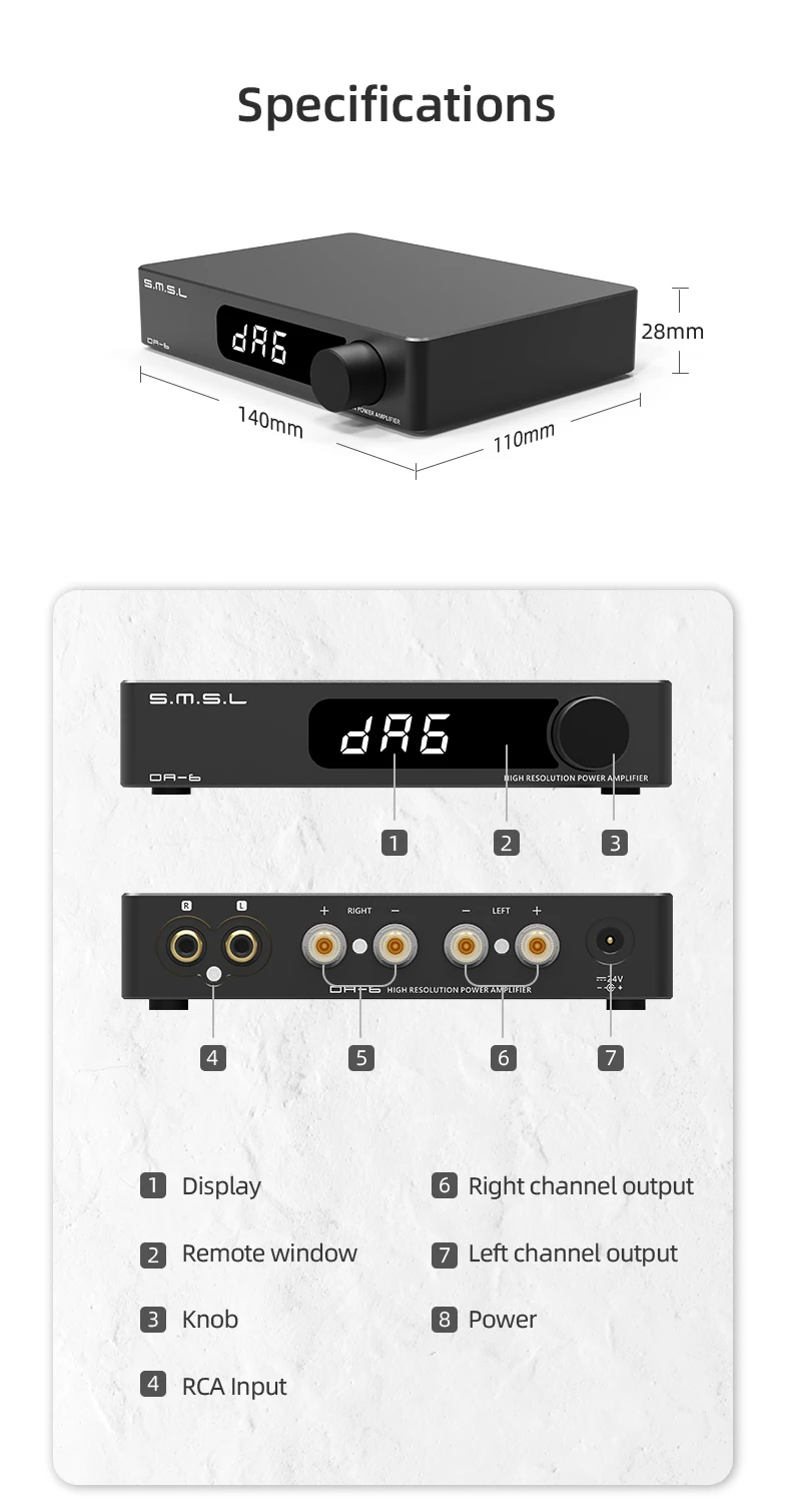 SMSL DA-6 DA6 Desktop HIFI Mini Amplificador de potência de alto-falante 70WX2 AMP e controle remoto EQ ajustável