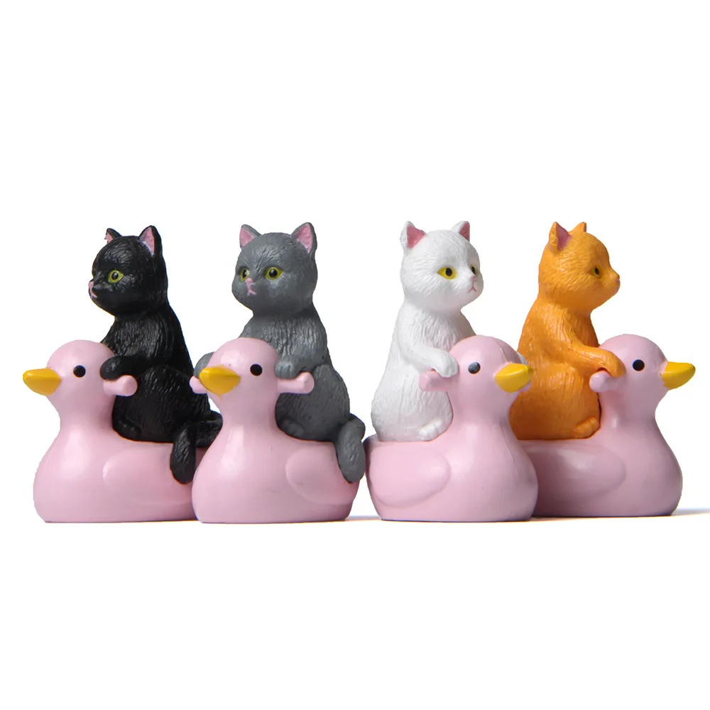 Kawaii Cat Riding Pink Duck Figure Dollhouse Landscape Cat Fairy Garden Decoration Figurine Cake Topper Home Miniature Toy