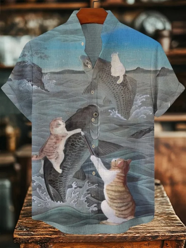 

Летняя мужская рубашка с воротником-стойкой в богемном стиле для верховой езды с изображением рыбы, дышащие и универсальные топы с принтом, праздничные шикарные туники