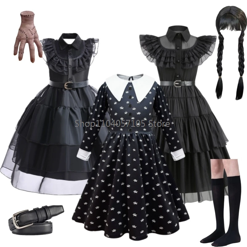 Vestido de miércoles para niñas, ropa familiar negra de Halloween Addams para niños, disfraz de Cosplay de baile, fantasía navideña de princesa