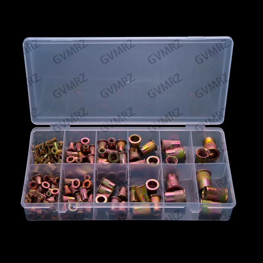 165pcs Color-Coated Zinc Carbon Steel Flat Head Rivet Nuts, Through-Hole Striped Knurled Press-Fit Nuts, M3-M10, M3 M4 M8 M10
