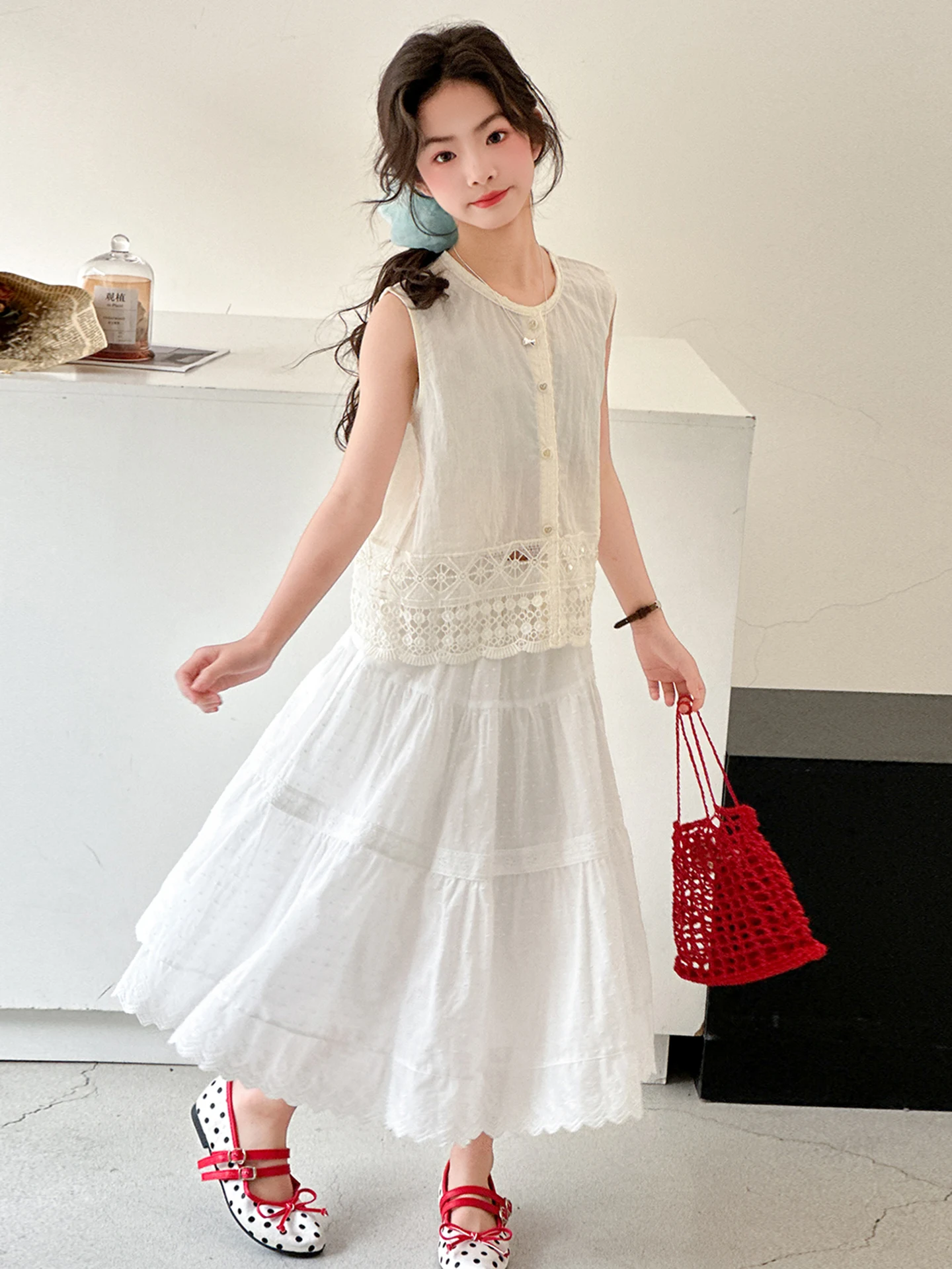 Conjunto de Verão para Meninas: Top Vazado e Saia Curta, Duas Peças, Tendência, Tamanhos Médios e Grandes, Roupa de Verão Inf...