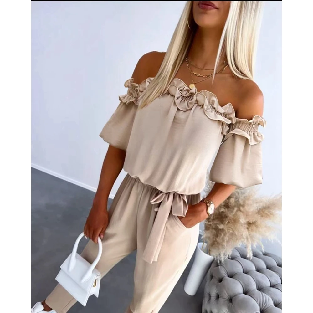 Women Off Shoulder Frill Hem Tied Detail Jumpsuit Short Sleeve Overalls Summer Female One-piece Casual Pocket Decor Outfits y2k