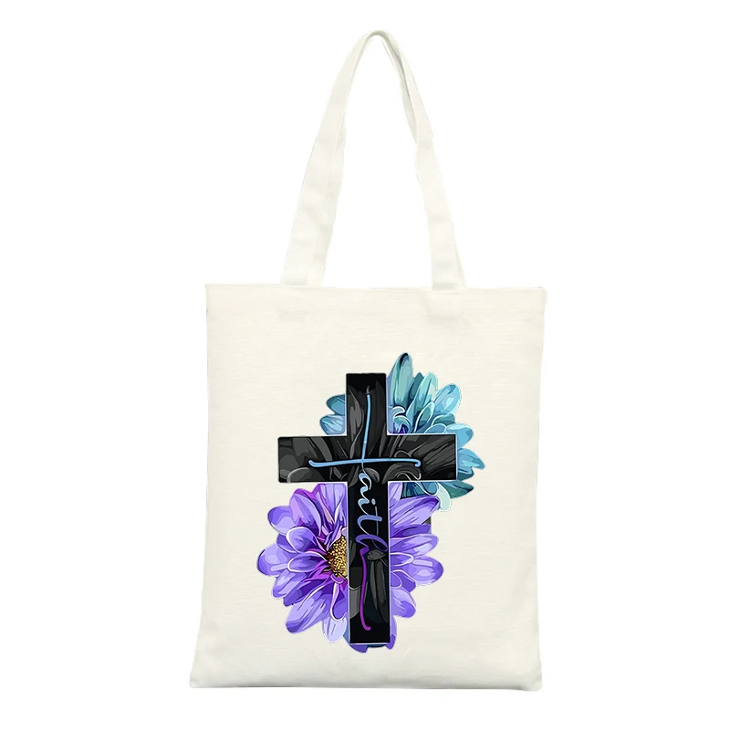 Floral Cross Canvas Tote Bag, Casual Style for Daily Shopping and Church Outings