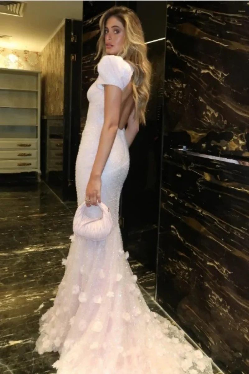 2026 مخصص الأبيض حورية البحر فستان الحفلة الراقصة التألق ثلاثية الأبعاد الزهور ثوب مسائي قصيرة الأكمام فستان الحفلات طول الأرض فستان رسمي