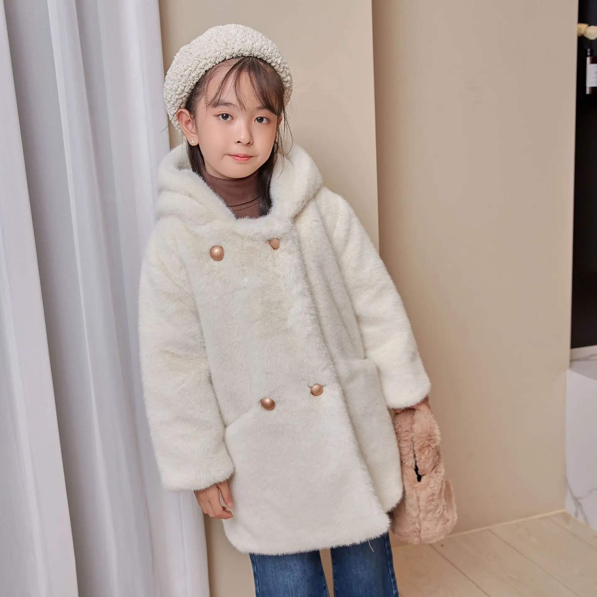 

New Fashion Autumn Winter Kids Girls Warm Faux Rabbit Fur Jacket Coats Children Clothing Cute Hooded Princess Thick Outwear Q09