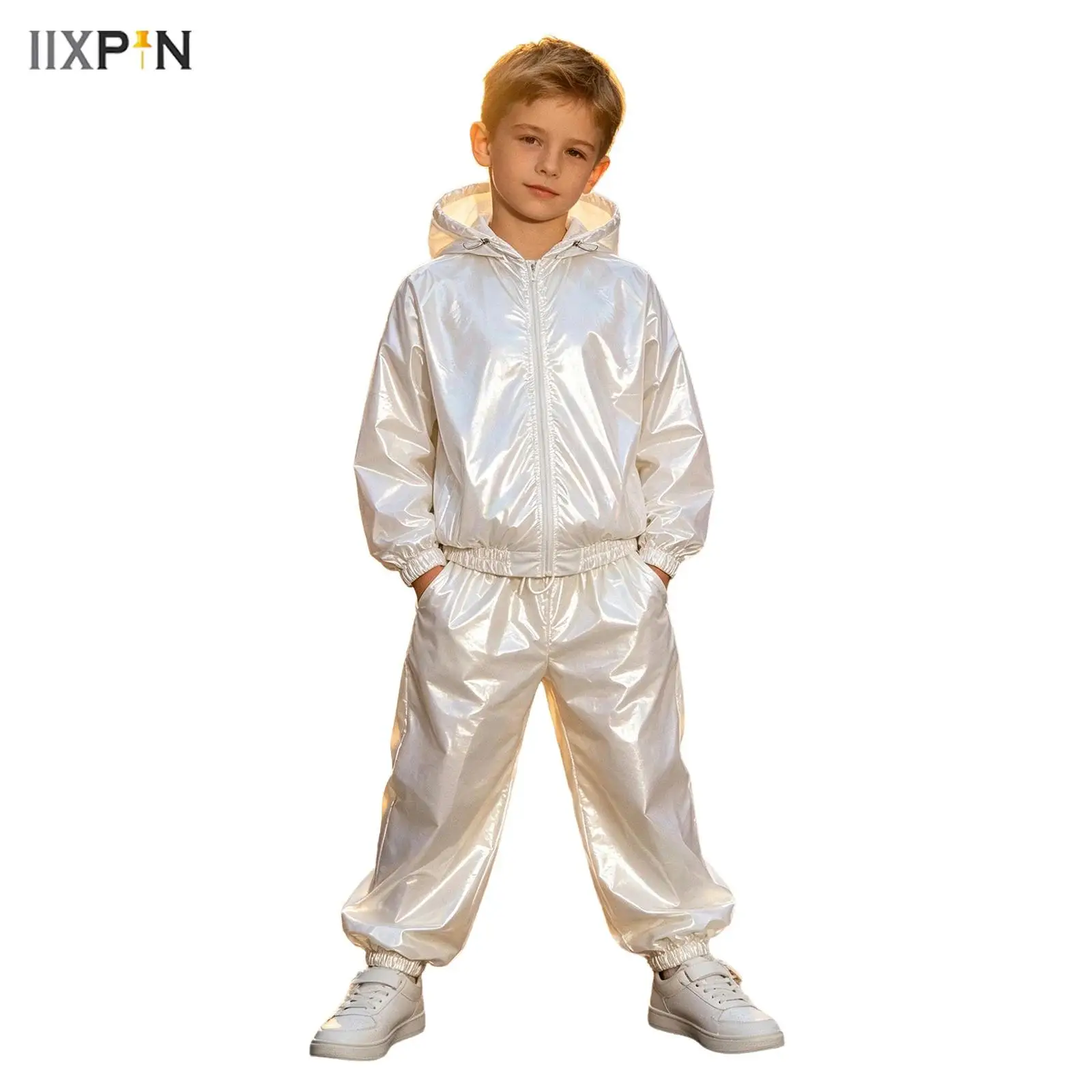 Kids Boys Girls Hip Hop Street Dance Outfit Water Resistant Long Sleeve Drawstring Hooded Jacket Raincoat with Jogger Pants 2Pcs