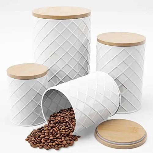 

Pebble & Stem ® Набор из 4 герметичных кухонных контейнеров – белые металлические емкости для хранения сахара, муки, кофе и чая – в стиле фермерского дома