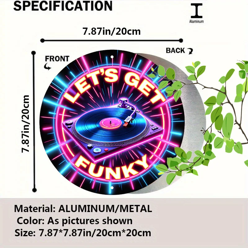 لوحة فنية جدارية على الطراز النيون "دعونا نحصل على Funky". |   علامة ألومنيوم مستديرة مقاس 19.99 سم |   ديكور موسيقى ريترو متعدد الألوان للمنزل، جراج