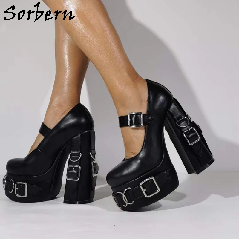 Sorbern Mary Jane Women Pumps Shoes Round Toe Block High Heels Buckles On Heels And Platform Chunky Heel Visible Platform 33-48