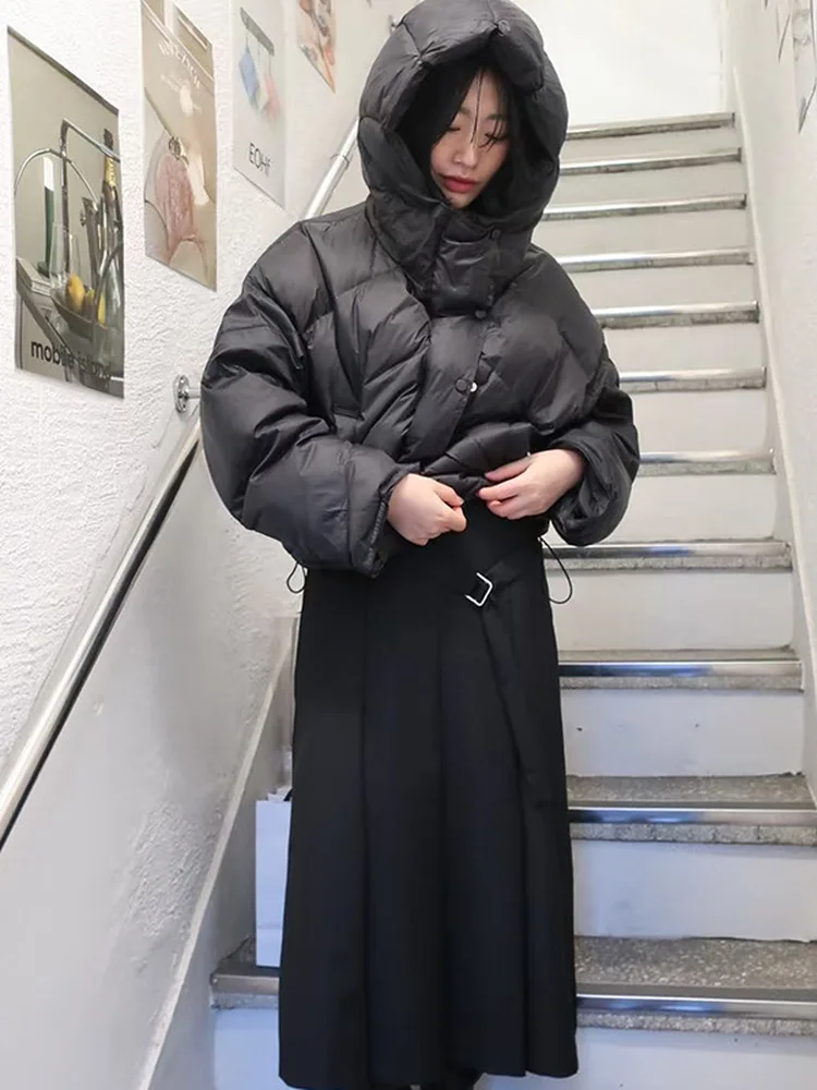 

Retro Sle Women's down Jaet Hooded Quilted Coat Warmth Padded White Du Feather Outerwear ort Length Thiened