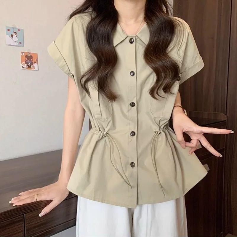 Fashion Safari Style 2024 Summer New Shirts Women\'s Solid Waist Retraction Drawstring Pockets Button Short Sleeve Casual Blouses