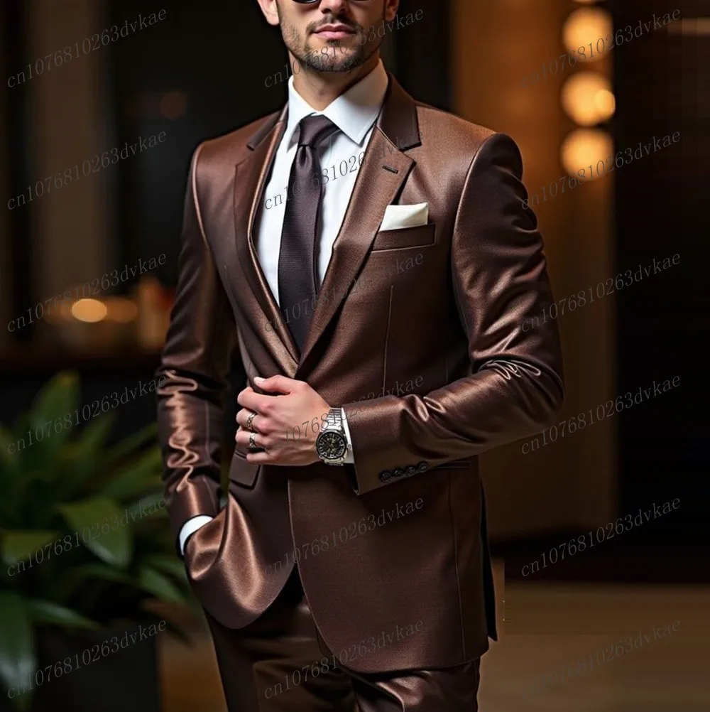 

Dark Brown Acetate Satin Men Suit Party Prom Special Business Groom Groomsman Wedding Male Tuxedos 2 Piece Set Blazer Pants