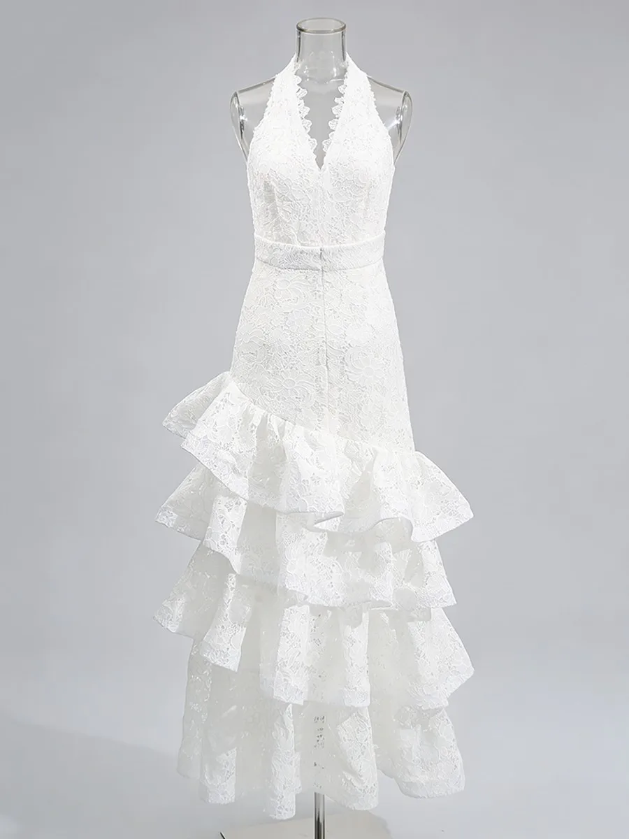 Vestidos Minimalistas Sexy com Renda em Camadas para Mulheres, Halter, Sem Mangas, Costas Descobertas, Vestido com Pregas e Ruffles Feminino 2026