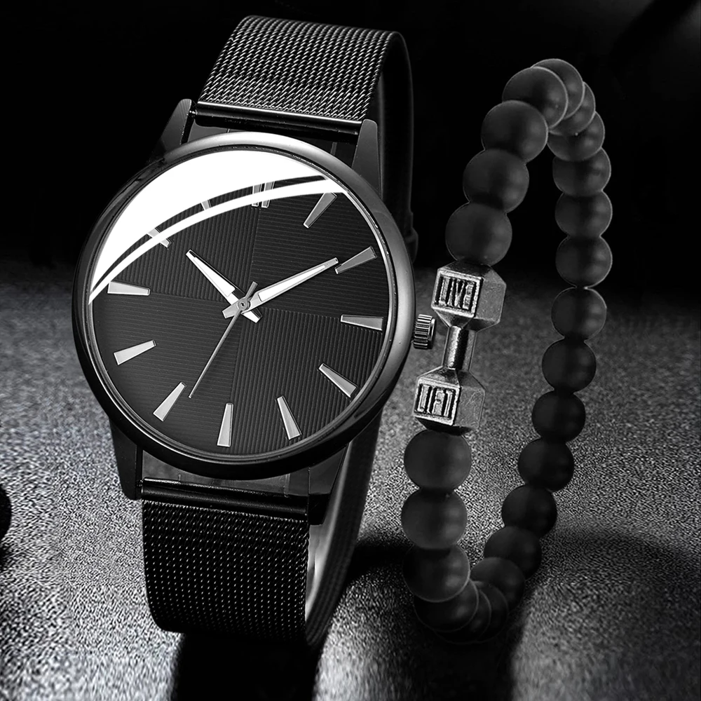 Minimalist Men Fashion Ultra Thin Watches Set Simple Men Business Stainless Steel Mesh Belt Quartz WristWatch Leisure Men Watch