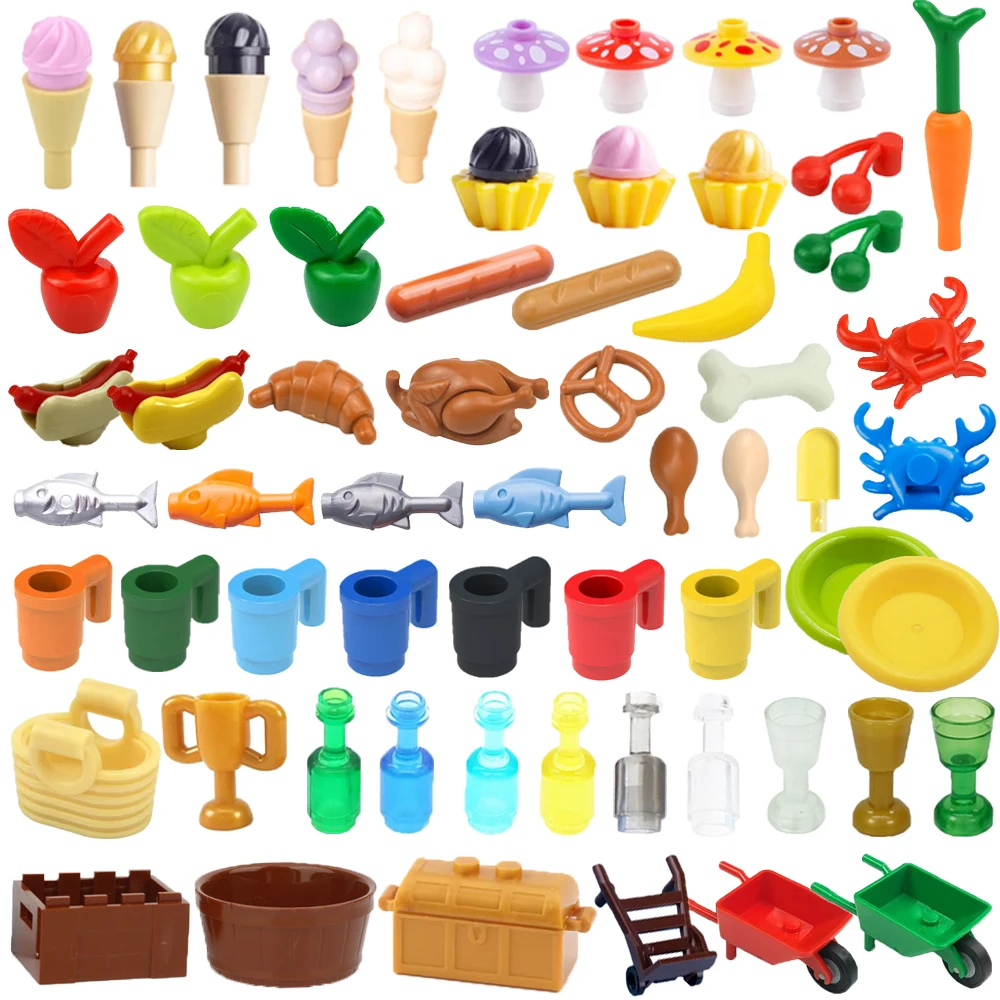 MOC City Food Building Blocks Mini Accessories Apple Fish Hot Dog Ice Cream Chicken Pizza Figures Bricks Kit Compatible Toy K041