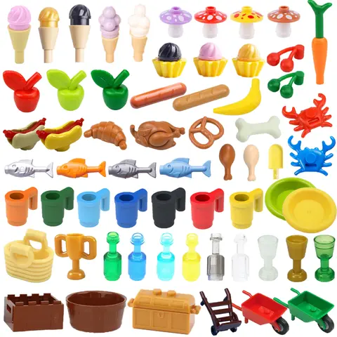 MOC 도시 음식 빌딩 블록 미니 액세서리 애플 물고기 핫도그 아이스크림 치킨 피자 피규어 벽돌 키트 호환 장난감 K041