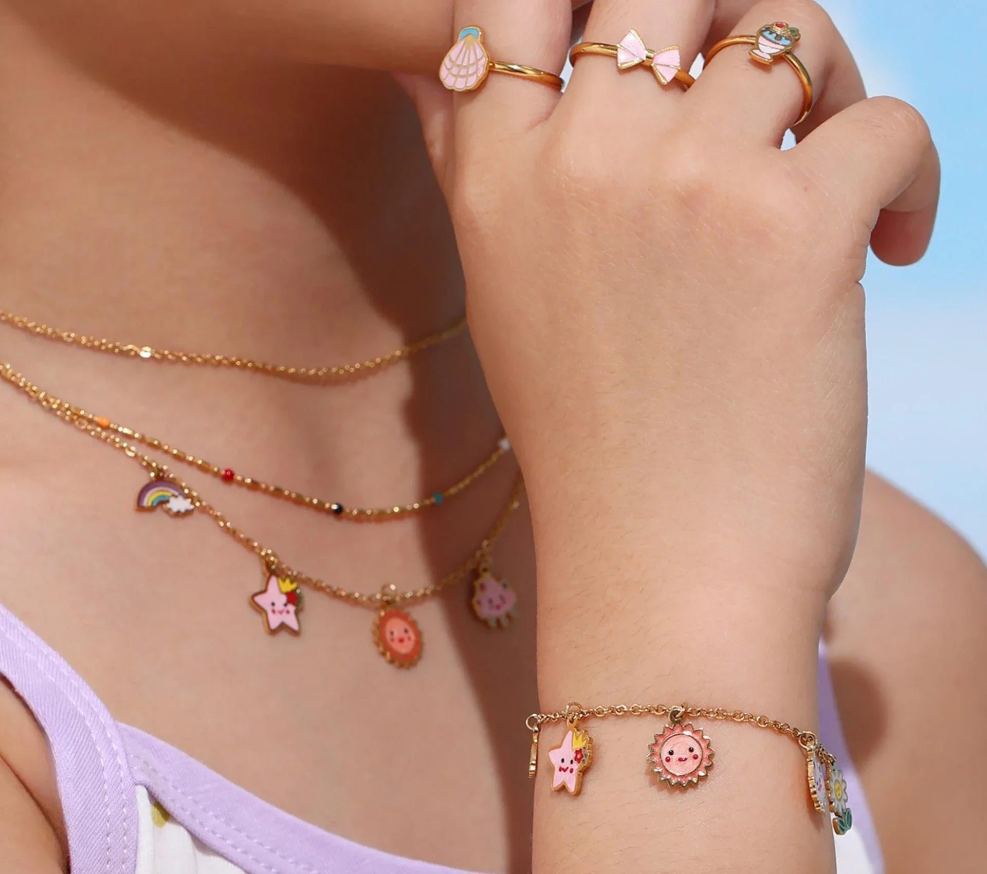 k Drip Oil Cute Sun Stars Clouds Stainless Steel Necklace Bracelet for Children Waterproof Fashion Jewelry
