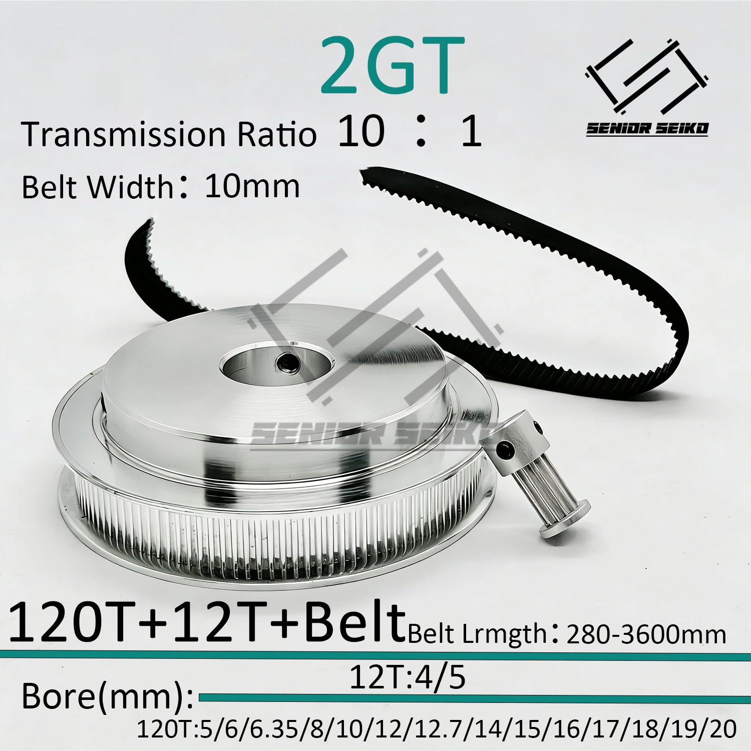

Комплект синхронных шкивов 2GT GT2 12/120 зубьев, ширина ремня 10 мм, диаметр отверстия 4-25 мм, передаточное число 10:1