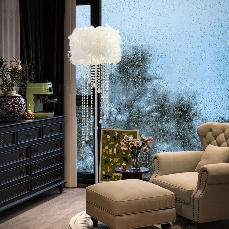 Feather Floor Lamp, Atmospheric Living Room Lamp, Bedside Table Decoration, Vertical Crystal Tassel Floor Lamp