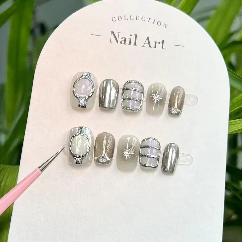 Y2k Metallic Style Handmade Wearable Nails Black Pink Hottie Fake Nails Super Cool Short Press-on Nails