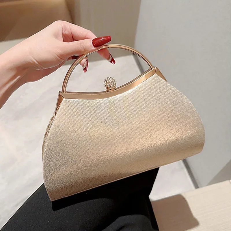 Pleated Evening Handbag Women Top Handle Glitter Day Clutch Ladies Wedding Dinner Dressed Clip Bag Diamond Party Purse Gold view 2