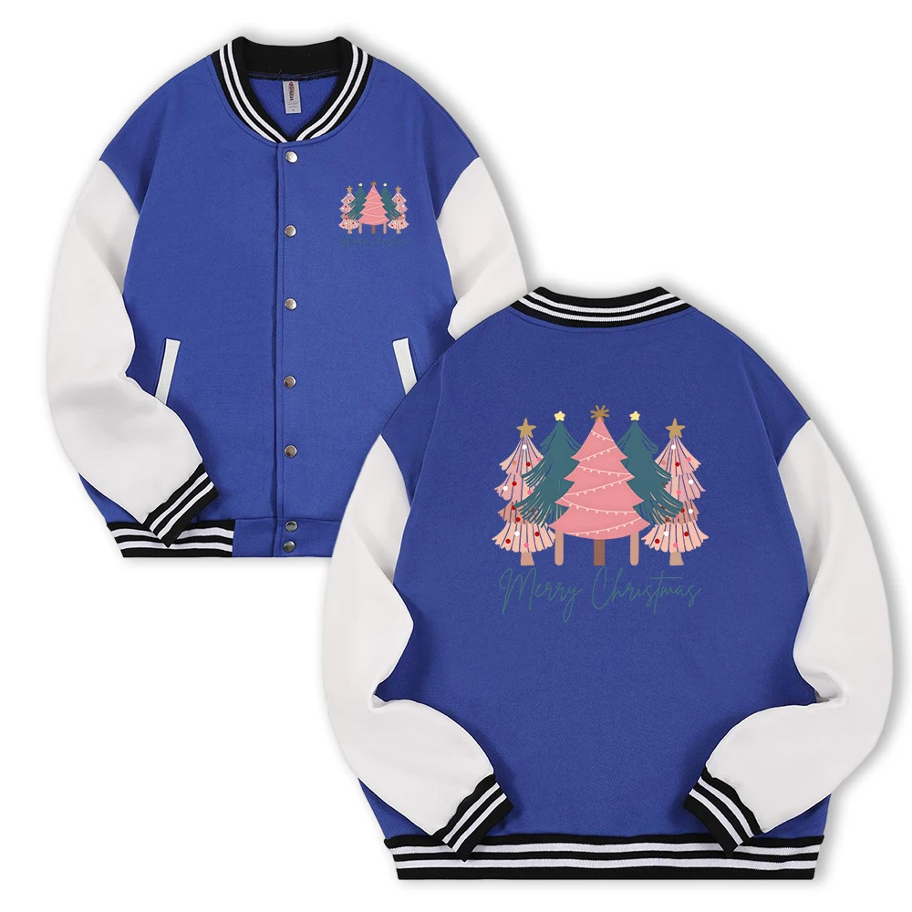 

Merry Christmas Tree Printing Men Baseball Jersey Trendy Loose Clothes Casual Fleece Button Coat Unisex Autumn Hip Hop Top