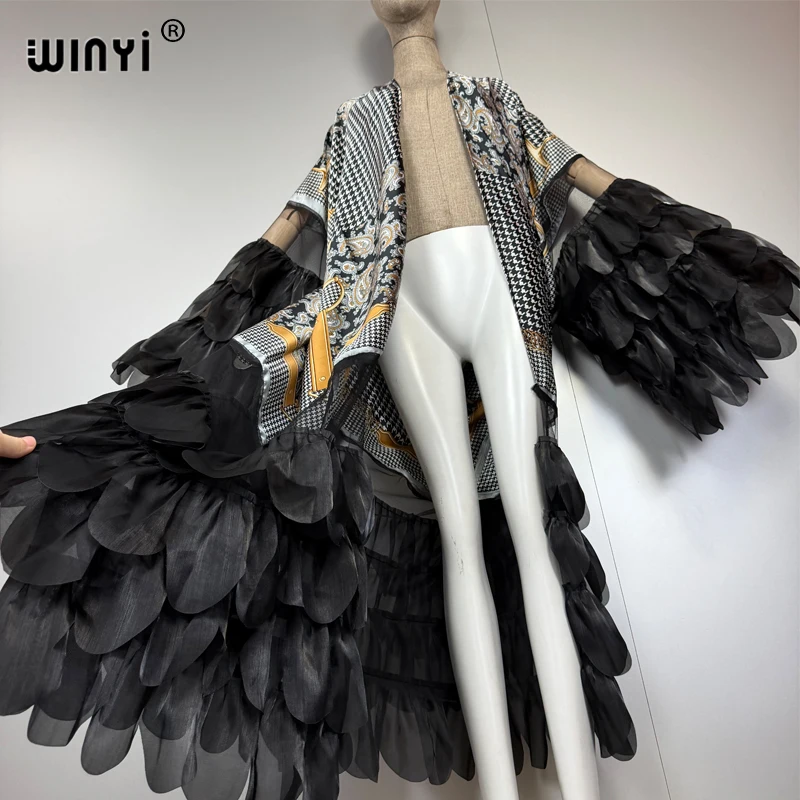 WINYI Catwalk sexy Kimono Women Print coat Long Sleeve Cardigan abaya dubai luxury beachwear Cover Up boho dress holiday Caftan