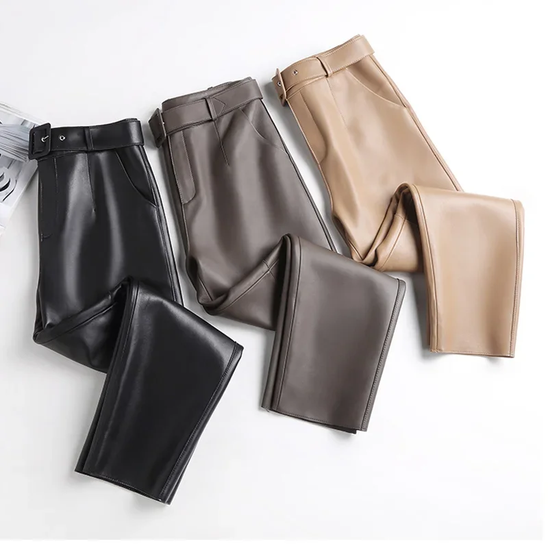 

Fashion 2026 Women's Sheepskin Leather Pants Autumn Brown Slim Pants Office Lady Pencil Black Ladies Skinny Sheepskin Leather