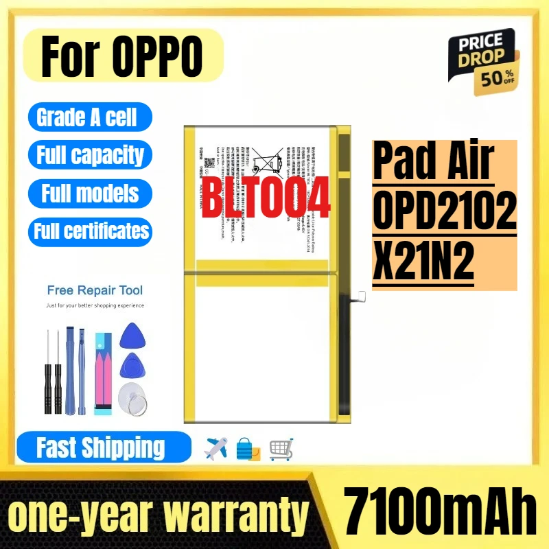 

BLT004 for OPPO Pad Air/OPD2102/X21N2 Tablet Battery High Quality High Capacity Replacement Bateria Grade A Cell with Tools