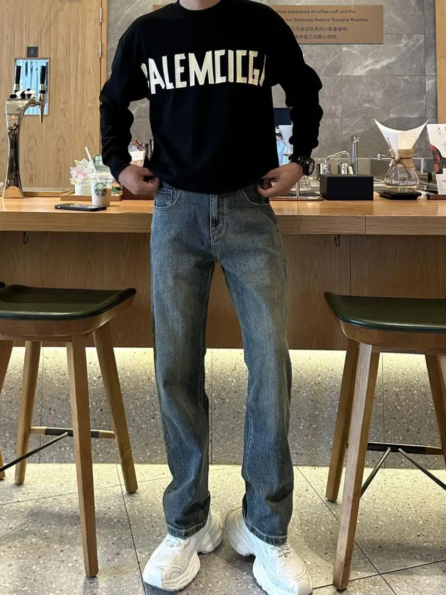 

Men's Oversized Loose Straight Leg Jeans Drapey Comfortable Vintage Casual mid Waist Drawstring Color Spring Fashion