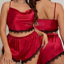 Large Size 4XL 5XL Women Chemise Pajamas Two Piece Set Summer Silk Satin Sleepwear Strap Top&shorts Loose Lace Trim Home Wear