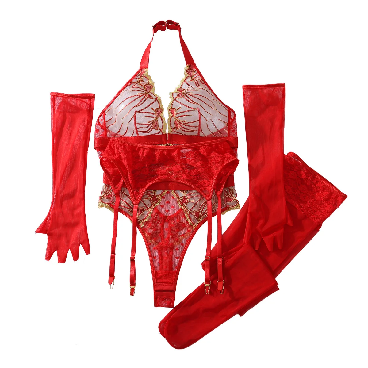 Fashionable Red See-through Color-blocking Embroidery Set Halter-neck Jumpsuit Shaping Sexy Lingerie Set with Stockings
