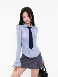 Spring/summer Korean Version Academy Style American Spicy Girl Versatile Striped Shirt Slim Tight Fitting Long Sleeve Top NVUO