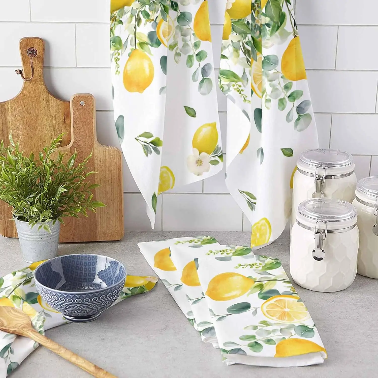 Lemon Fruit Eucalyptus Leaf Flower Kitchen Dish Towel Set Cleaning Supplies Absorbent Bar Hand Dishcloths Kitchens Accessories