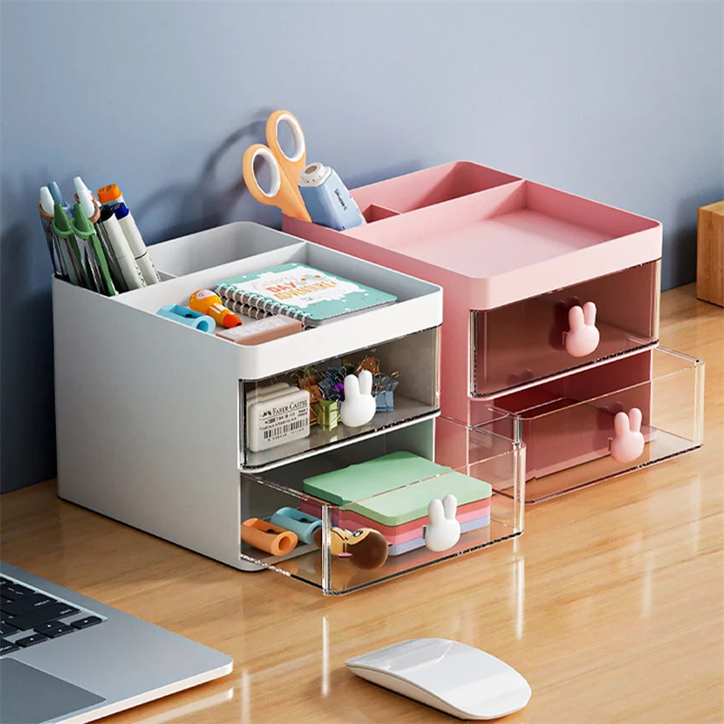 

Student's Desktop Storage Box 2 Layer Transparent Drawer with Rabbit Handle Pen Holder Cabinet Office Storage Accessories