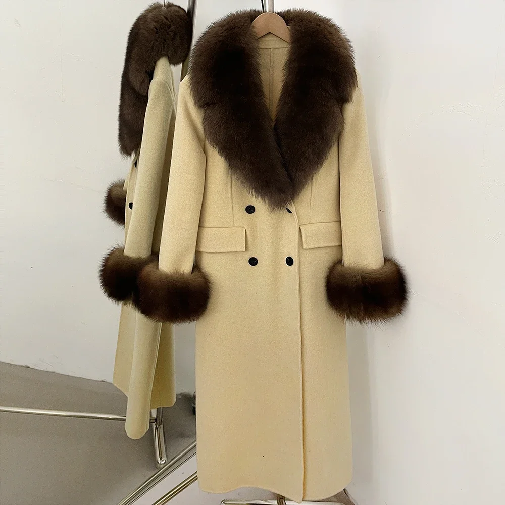 OFTBUY Großer Natürlicher Pelzkragen Doppelreihiger Langer Damen-Wollmantel Winter Warmer Dicker Schlanker Wollmantel mit Echtpelz – Detail 4