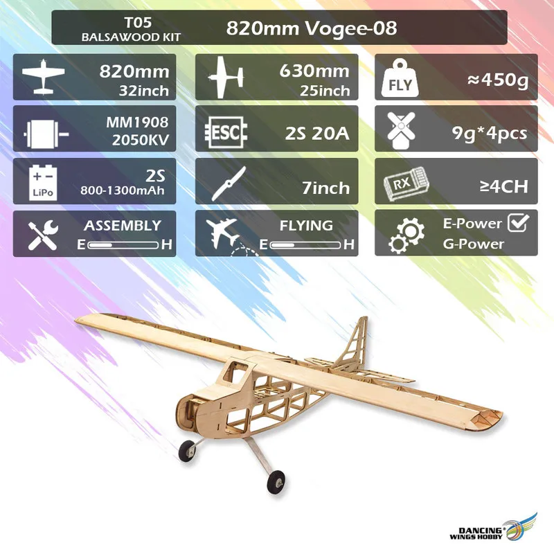 Dwhobby Rc Airplane 820mm Wingspan Vogee 08 Balsa Wood Kit Fixed Wing Remote Control Plane Hobby Practice Model - view 3