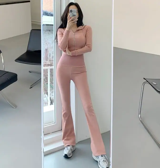 

Slimming Sports Set 2024 Spring Season High Waist Bell Bottoms Zipper Hooded Jacket Casual Sportswear Ensemble