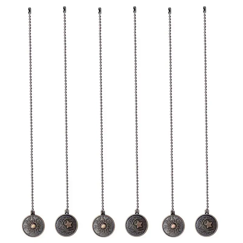 BHTS-6Pcs Ceiling Fan Pull Chain Set Sun & Moon Pattern Pull Chains Extension Copper Beaded Ball Fan Pull Chain With Ornament