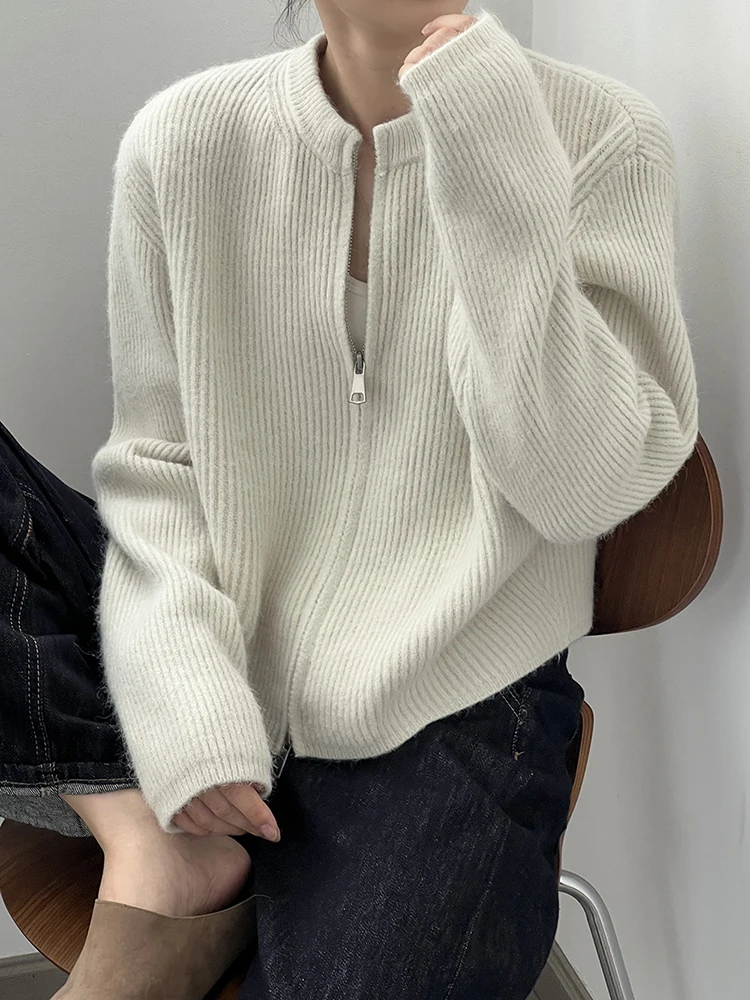 [LANMREM] Round Neck Knitting Cardigan Sweater For Women Double Zipper Cardigan Loose Coats Minimalism 2024 Autumn New 26C782