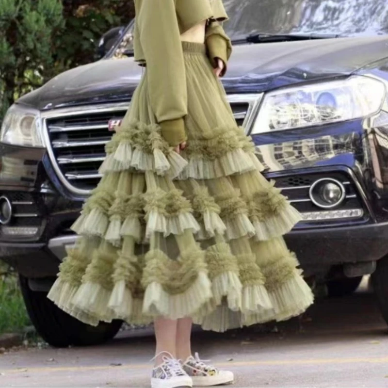 Spring Luxury Ruffled Cakee Layered Maxi Long Tutu Skirts Patchwork Gradient Mesh Puffy A-line Ankle Skirts