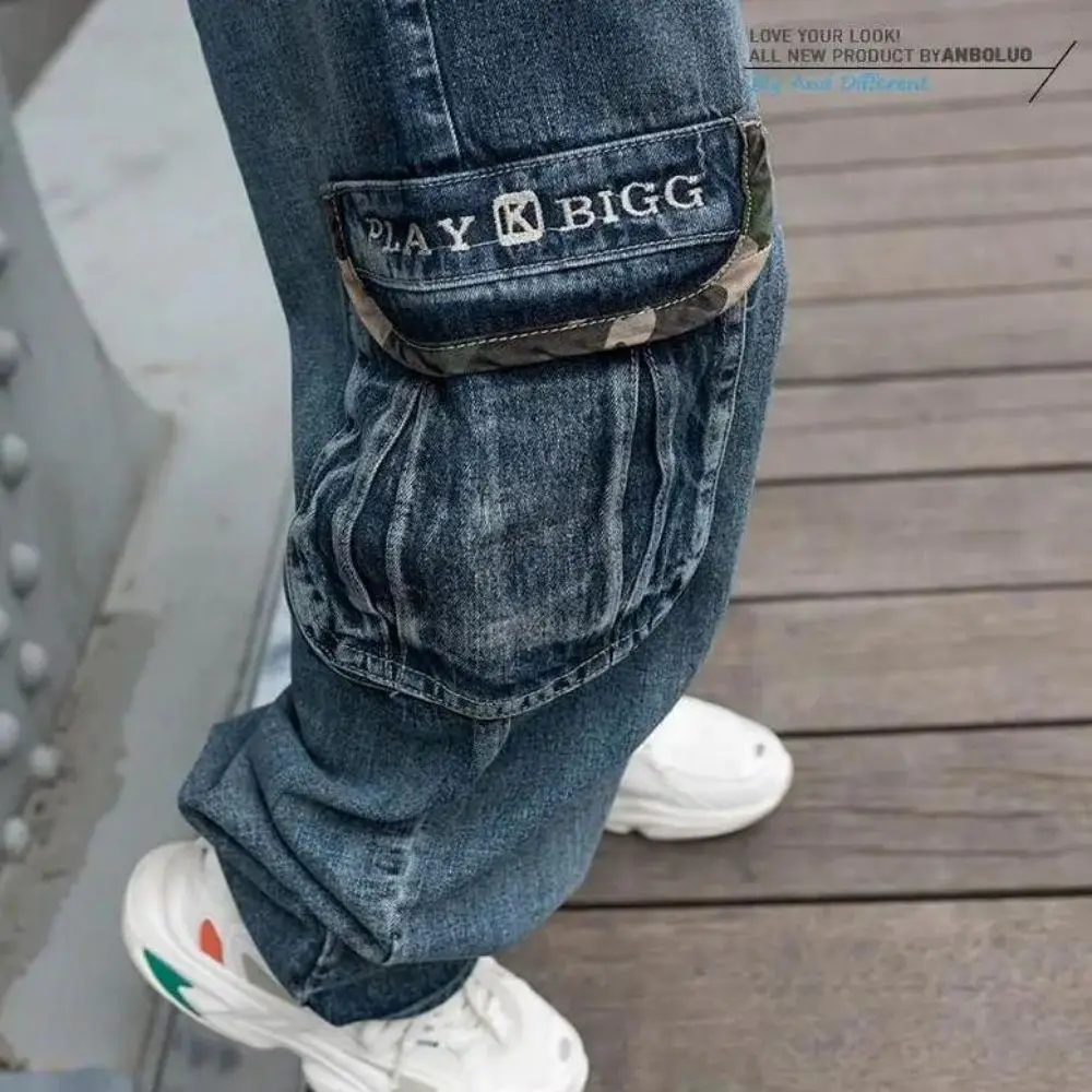 Men Jeans Fashion Blue Baggy Multi Pockets Hip Hop  Designer Skateboard Loose Large Size Printed Streetwear Harajuku