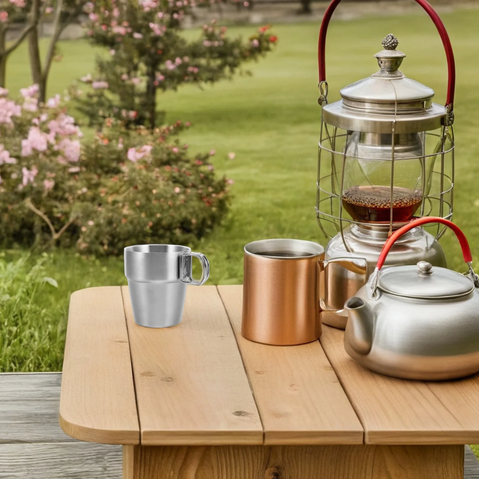 

Portable Stainless Steel Camping Cup Foldable Handle Double Layer Insulated Shockproof Outdoor Coffee Mug Insulated Cup