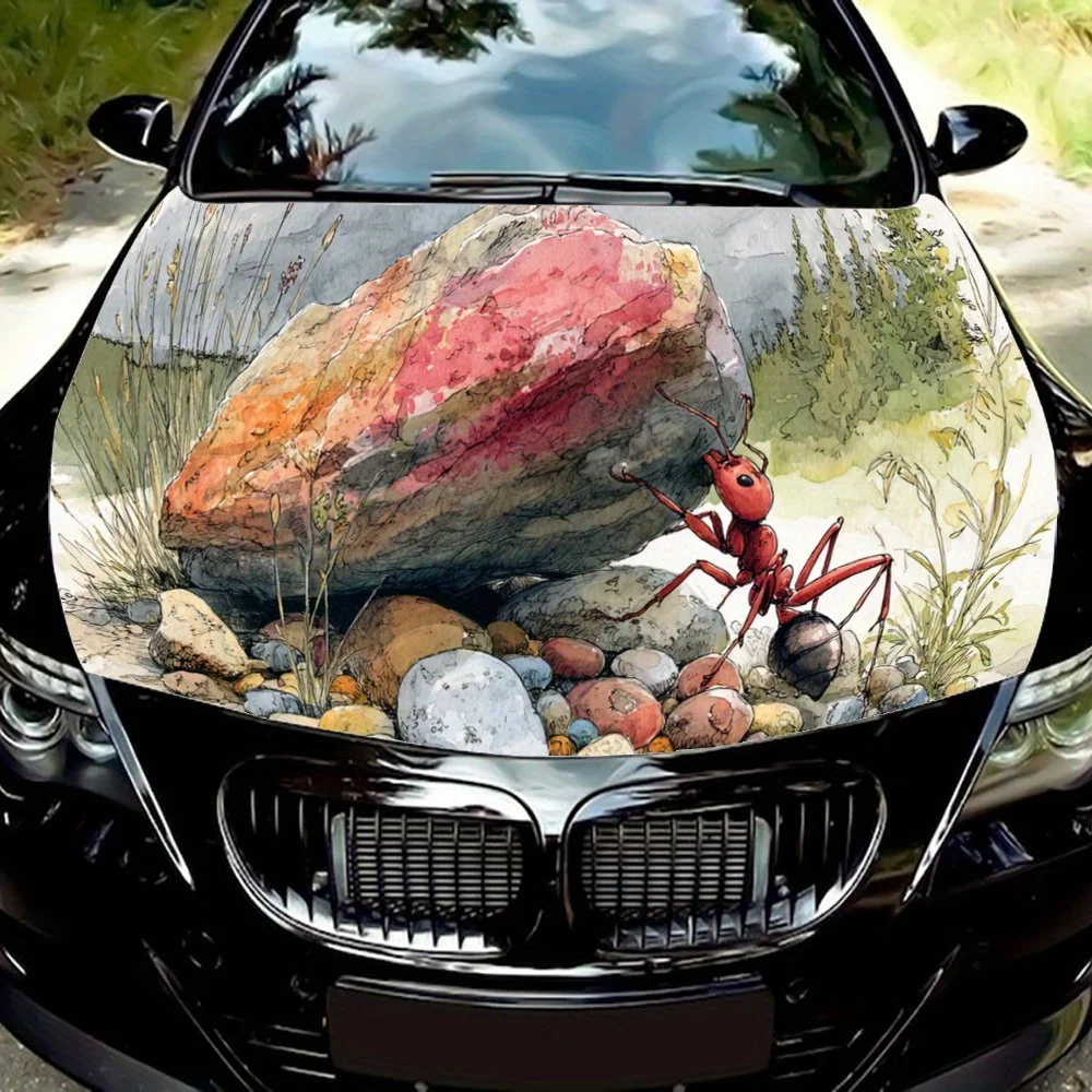 

Вдохновляющая наклейка на капот с красным муравьем - камень - толкающий узор, виниловые обертки для автомобиля из ПВХ, самоклеящаяся водонепроницаемая наклейка на капот автомобиля