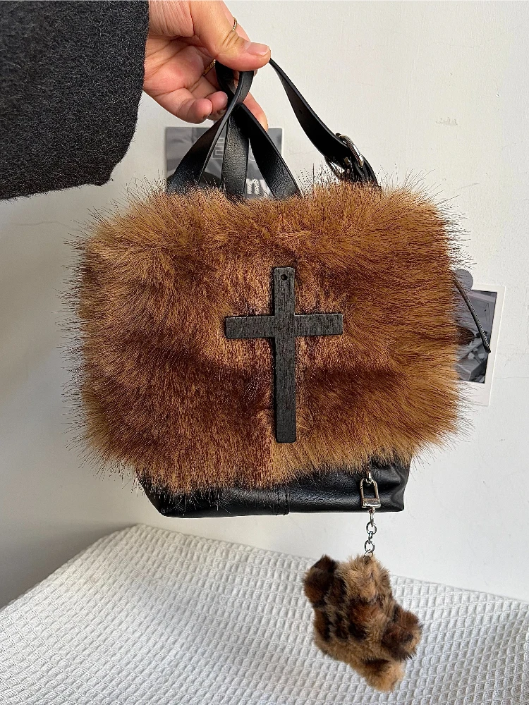 Original Plush Cross Goth Mobile Phone Bag for Women's Messenger Bag Small Fluffy Pendant Casual Bag