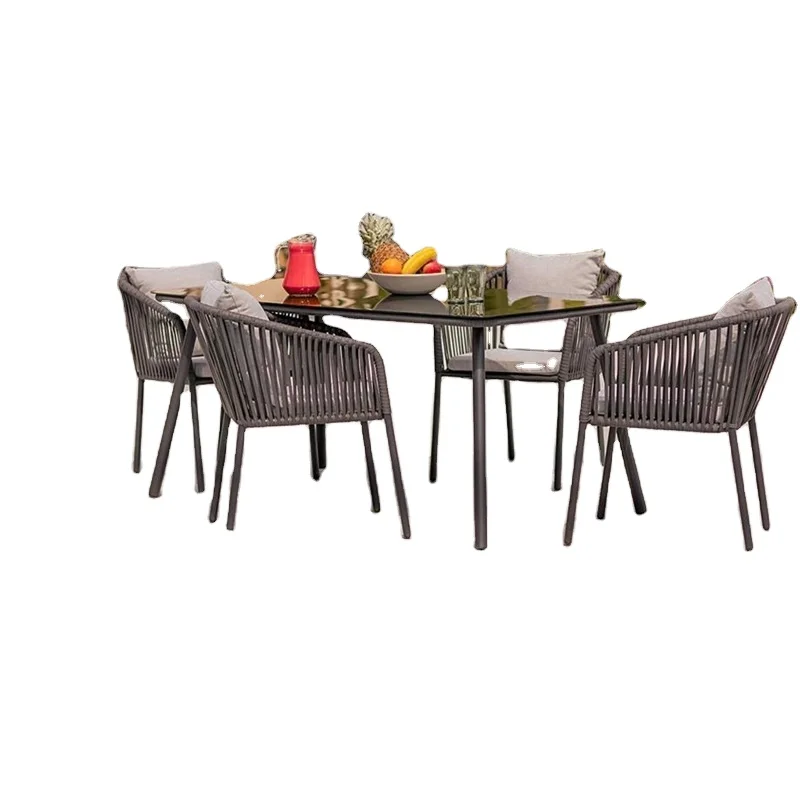 

OEM Garden Outdoor Simple Modern Dining Table Set Restaurant Furniture Rope Glass and Gold Dining Table Set with 6 Chairs